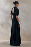 Evelisse Black High Neck Maxi Dress With Short Cape Sleeves