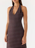 Float Away Maxi Dress Chocolate Blue Dot