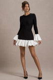 Josefina Black Long Sleeve Mini Dress With White Satin Trims