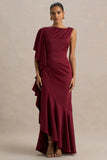 Rosy Burgundy Satin Boat Neck Maxi Dress With Front Split And Ruffled Detailing