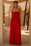 Maeva Red Square Neck Fishtail Maxi Dress With Ruched Detailing