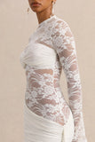 Milavia White Lace Crew Neck Mini Dress With Wrap Sash Detail