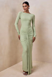 Matilda Light Green Boat Neck Maxi Dress With Ruched Detailing