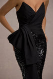 Bianco Black Sequin Strapless Flared Leg Jumpsuit With Drape