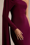 Dawn Burgundy Asymmetric Neck Maxi Dress With One Long Sleeve And Cape