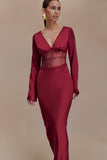 Kaya Long Sleeve Satin And Mesh Maxi Dress Wine
