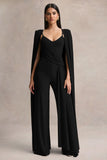 Labina Black Plunge Neck Jumpsuit With Cape Sleeves
