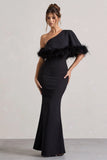 Valor Black Asymmetric Maxi Dress With Feather Trim