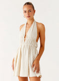 Figaro Halter Mini Dress Taupe Stripe