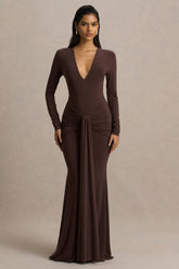 Saffie Chocolate Extreme Plunge Wrap Maxi Dress With Long Sleeves And Ruched Detailing