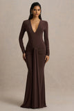 Saffie Chocolate Extreme Plunge Wrap Maxi Dress With Long Sleeves And Ruched Detailing