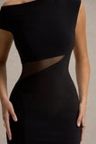 Emily Black Asymmetric Split Maxi Dress With Mesh Detailing