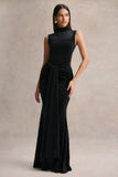 Idalina Black Velvet High Neck Maxi Dress With Gathered Detailing