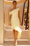 Lova Lemon Ruched Asymmetric Maxi Dress With Ruffle Hem
