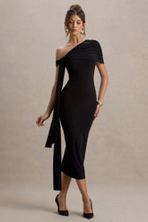 Praia Black Asymmetric Neck Maxi Dress With Sash and Draped Detailing