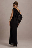 Aeliana Black Strappy V Neck Maxi Dress With Chiffon Sash