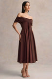 Dearest Brown Bardot Neck Midi Dress
