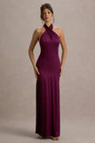 Sansa Burgundy Satin Cross Halter Neck Plisse Maxi Dress