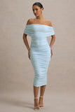Rayleigh Powder Blue Bardot Ruched Midi Dress
