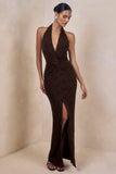 Ocealla Brown Plunge Neck Maxi Dress With Gathered Detailing