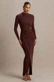 Zephyra Brown High Neck Wrapped Maxi Dress