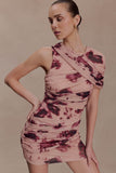 Adrienne One Shoulder Mesh Mini Dress Nude Blurred Floral Print