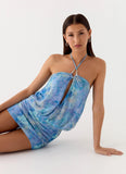 Jisoo Halter Mini Dress Aqua Paisley