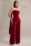 Arcane Burgundy Velvet Bandeau Jumpsuit With Scarf