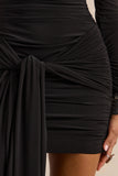 Irissia Black Asymmetric Neck Mini Dress With Knot And Sash Detail