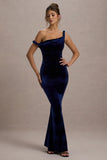 Neeka Navy Velvet Twisted Asymmetric Maxi Dress