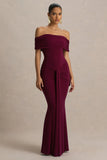 Envisioned Burgundy Bardot Neck Maxi Dress With Gathered And Drape Detail