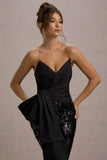 Bianco Black Sequin Strapless Flared Leg Jumpsuit With Drape