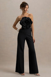 Opia Black Bandeau Wide Leg Jumpsuit With Large Floral Corsage