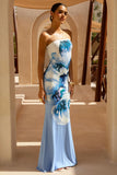Ceremony Large Blue Floral Print Bandeau Fishtail Maxi Dress