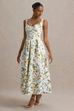 Rosemary Floral Print Sweetheart Midi Dress With Drop Waist