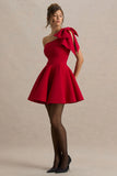 Prosperity Red Asymmetric Neck Mini Dress With Bow Detail