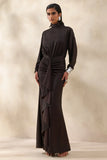 Perla Dark Brown High Neck Maxi Dress With Gathered Detailing