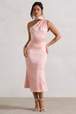 Golden Girl Blush Pink Satin One Shoulder High Neck Flared Midi Dress
