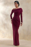 Rosirene Burgundy Asymmetric Neck Maxi Dress With Draped Detailing