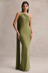 Mandy Olive Asymmetric Neck Maxi Dress With Gold Detail