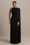 Cressida Black Asymmetric Neck Maxi Dress With Cape And Gold Detail