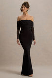 Madeleine Black Fishtail Maxi Dress With Bardot Mesh Long Sleeves
