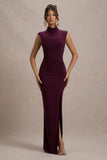 Lanetta Plum Ruched High Neck Maxi Dress With Split