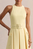 Magnora Lemon Crew Neck Belted Midi Dress