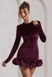 Claudine Port Velvet Long Sleeved Ruffled Mini Dress