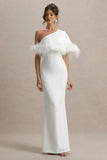 Valor White Asymmetric Maxi Dress With Feather Trim