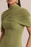 Perdi Olive Bodycon Mini Dress With Twisted Cape