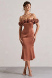 Petunia Rust Satin Floral Bardot Midi Dress
