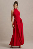 Cynthia Red High Neck Maxi Dress With Volume Skirt