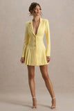 Blossoming Lemon Plunge Neck Tailored Mini Dress With Pleating